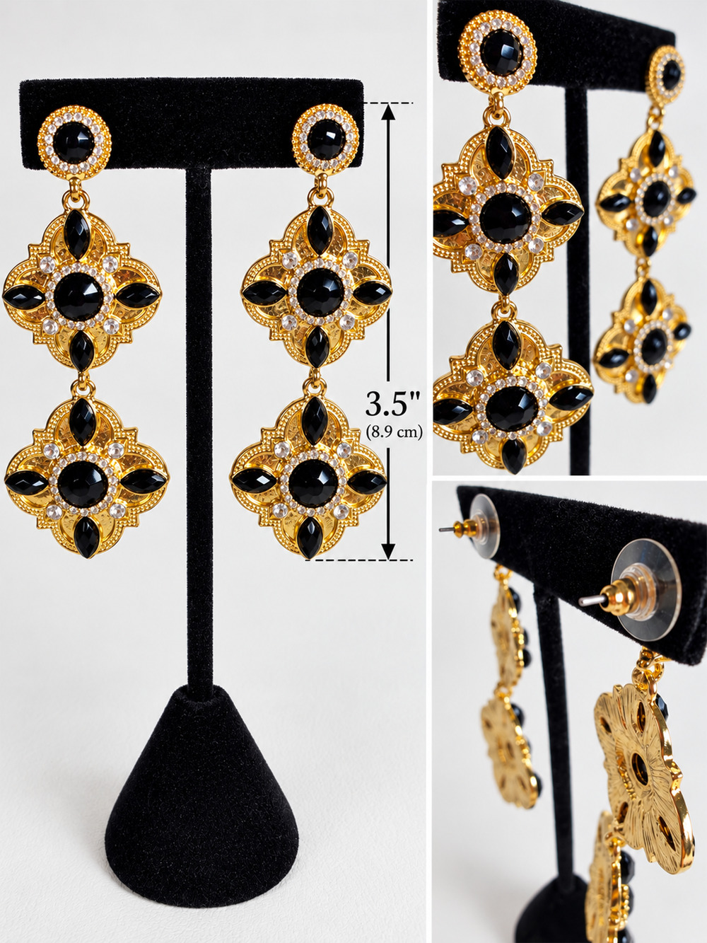 VTG Gold Byzantine Maltese Cross Drop Statement Earrings Black Rhinestone 3.5”